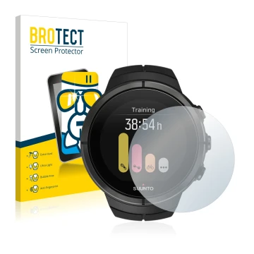 Vorderseite einer Produktverpackung mit dem Markenlogo BROTECT. Daneben ist das Gerät Suunto Spartan Ultra mit dem zugehörigen