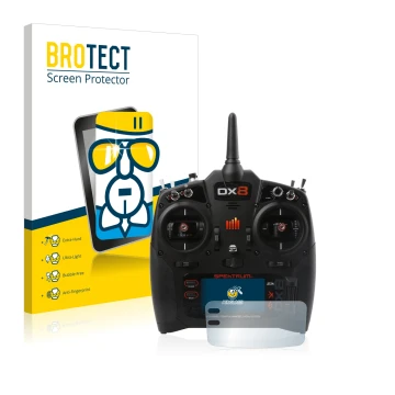 Vorderseite einer Produktverpackung mit dem Markenlogo BROTECT. Daneben ist das Gerät Spektrum DX8 G2 mit dem zugehörigen Disp