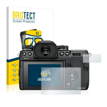 Vorderseite einer Produktverpackung mit dem Markenlogo BROTECT. Daneben ist das Gerät Fujifilm X-H1 mit dem zugehörigen Displa