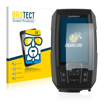 Vorderseite einer Produktverpackung mit dem Markenlogo BROTECT. Daneben ist das Gerät Garmin Striker Plus 4 mit dem zugehörige