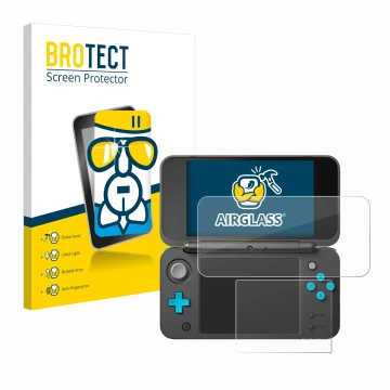 Vorderseite einer Produktverpackung mit dem Markenlogo BROTECT. Daneben ist das Gerät New Nintendo 2DS XL mit dem zugehörigen 