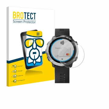 Vorderseite einer Produktverpackung mit dem Markenlogo BROTECT. Daneben ist das Gerät Garmin Forerunner 645 mit dem zugehörige