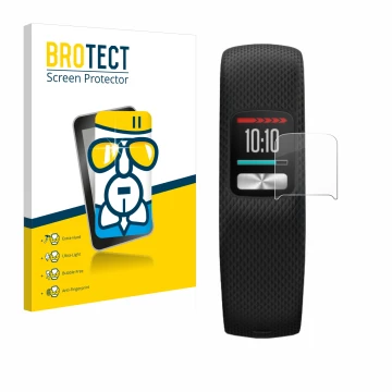 Vorderseite einer Produktverpackung mit dem Markenlogo BROTECT. Daneben ist das Gerät Garmin Vivofit 4 mit dem zugehörigen Dis