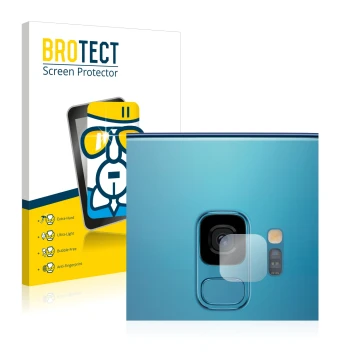 Vorderseite einer Produktverpackung mit dem Markenlogo BROTECT. Daneben ist das Gerät Samsung Galaxy S9 (NUR Kameraschutz) mit