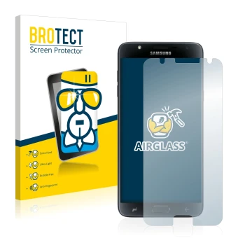 Vorderseite einer Produktverpackung mit dem Markenlogo BROTECT. Daneben ist das Gerät Samsung Galaxy J7 Duo 2018 mit dem zugeh