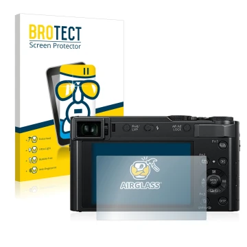 Vorderseite einer Produktverpackung mit dem Markenlogo BROTECT. Daneben ist das Gerät Panasonic Lumix DC-TZ202 mit dem zugehör