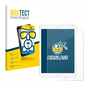 Vorderseite einer Produktverpackung mit dem Markenlogo BROTECT. Daneben ist das Gerät Apple iPad 9.7