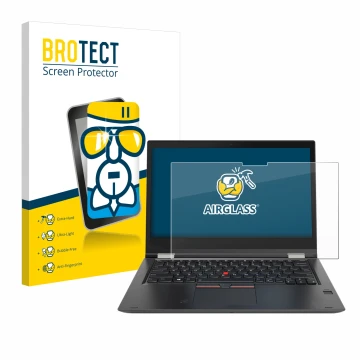 Vorderseite einer Produktverpackung mit dem Markenlogo BROTECT. Daneben ist das Gerät Lenovo ThinkPad Yoga X380 mit dem zugehö