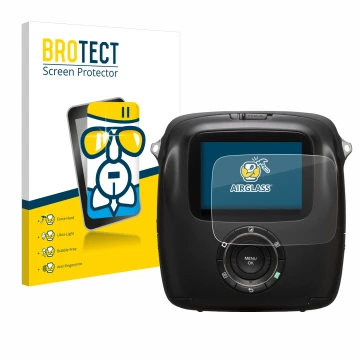 Vorderseite einer Produktverpackung mit dem Markenlogo BROTECT. Daneben ist das Gerät Fujifilm Instax Square SQ10 mit dem zuge