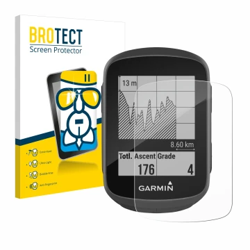 Vorderseite einer Produktverpackung mit dem Markenlogo BROTECT. Daneben ist das Gerät Garmin Edge 130 mit dem zugehörigen Disp