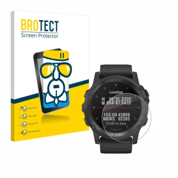 Vorderseite einer Produktverpackung mit dem Markenlogo BROTECT. Daneben ist das Gerät Garmin Tactix Charlie mit dem zugehörige