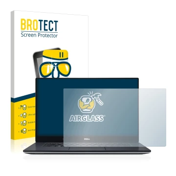 Vorderseite einer Produktverpackung mit dem Markenlogo BROTECT. Daneben ist das Gerät Dell XPS 15 9560 mit dem zugehörigen Dis