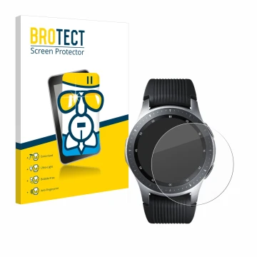 Vorderseite einer Produktverpackung mit dem Markenlogo BROTECT. Daneben ist das Gerät Samsung Galaxy Watch (46 mm) mit dem zug
