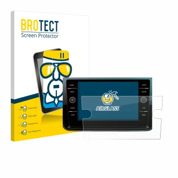 Vorderseite einer Produktverpackung mit dem Markenlogo BROTECT. Daneben ist das Gerät Volkswagen Polo 2018 Composition Media 8