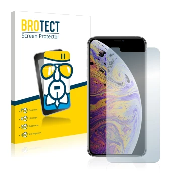 Vorderseite einer Produktverpackung mit dem Markenlogo BROTECT. Daneben ist das Gerät Apple iPhone Xs Max mit dem zugehörigen 