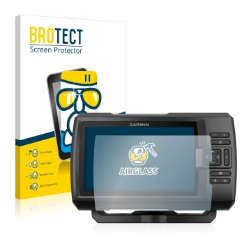 Vorderseite einer Produktverpackung mit dem Markenlogo BROTECT. Daneben ist das Gerät Garmin Striker Plus 7cv mit dem zugehöri