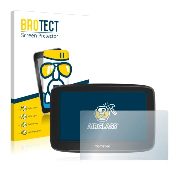 Vorderseite einer Produktverpackung mit dem Markenlogo BROTECT. Daneben ist das Gerät TomTom GO Basic 5