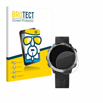Vorderseite einer Produktverpackung mit dem Markenlogo BROTECT. Daneben ist das Gerät Garmin Forerunner 645 Music mit dem zuge