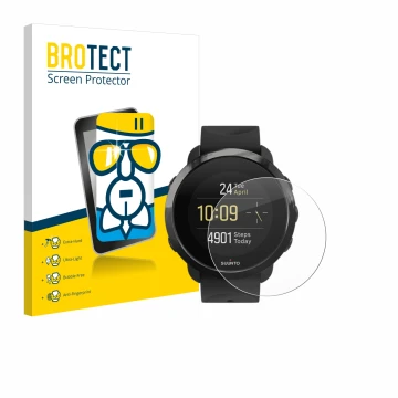 Vorderseite einer Produktverpackung mit dem Markenlogo BROTECT. Daneben ist das Gerät Suunto 3 Fitness mit dem zugehörigen Dis