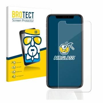 Vorderseite einer Produktverpackung mit dem Markenlogo BROTECT. Daneben ist das Gerät Apple iPhone Xs mit dem zugehörigen Disp