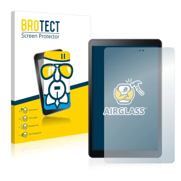 Vorderseite einer Produktverpackung mit dem Markenlogo BROTECT. Daneben ist das Gerät Samsung Galaxy Tab A 10.5 2018 LTE mit d