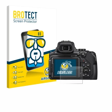 Vorderseite einer Produktverpackung mit dem Markenlogo BROTECT. Daneben ist das Gerät Nikon Coolpix P1000 mit dem zugehörigen 