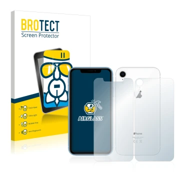 Vorderseite einer Produktverpackung mit dem Markenlogo BROTECT. Daneben ist das Gerät Apple iPhone XR (Display+Rückseite) mit 