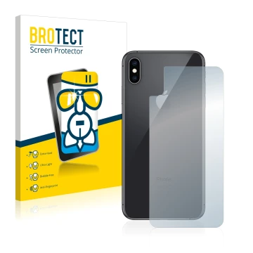 Vorderseite einer Produktverpackung mit dem Markenlogo BROTECT. Daneben ist das Gerät Apple iPhone Xs Max (Rückseite) mit dem 