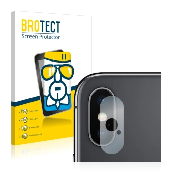 Vorderseite einer Produktverpackung mit dem Markenlogo BROTECT. Daneben ist das Gerät Apple iPhone Xs Max (NUR Kameraschutz) m