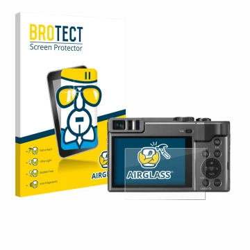 Vorderseite einer Produktverpackung mit dem Markenlogo BROTECT. Daneben ist das Gerät Panasonic Lumix DC-TZ90 mit dem zugehöri
