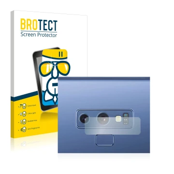 Vorderseite einer Produktverpackung mit dem Markenlogo BROTECT. Daneben ist das Gerät Samsung Galaxy Note 9 (NUR Kameraschutz)