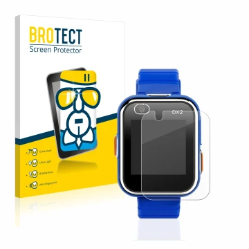 Vorderseite einer Produktverpackung mit dem Markenlogo BROTECT. Daneben ist das Gerät Vtech Kidizoom Smart Watch DX2 mit dem z