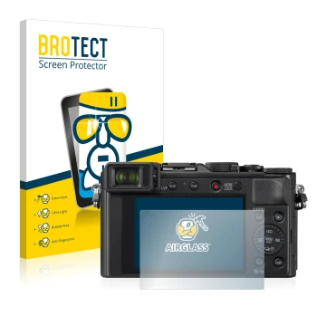 Vorderseite einer Produktverpackung mit dem Markenlogo BROTECT. Daneben ist das Gerät Panasonic Lumix DC-LX100 II mit dem zuge