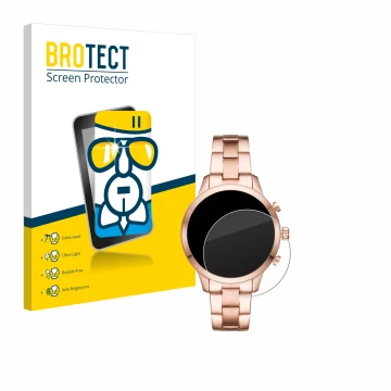 Vorderseite einer Produktverpackung mit dem Markenlogo BROTECT. Daneben ist das Gerät Michael Kors Access Runway (41 mm) mit d