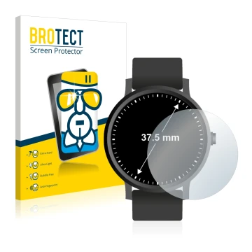 Vorderseite einer Produktverpackung mit dem Markenlogo BROTECT. Daneben ist das Gerät Armbanduhren (Kreisrund, ø: 37.5 mm) mit