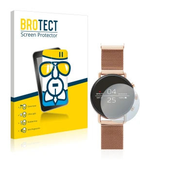 Vorderseite einer Produktverpackung mit dem Markenlogo BROTECT. Daneben ist das Gerät Skagen Smartwatch Falster 40mm mit dem z