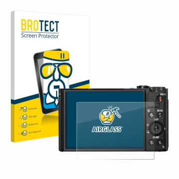 Vorderseite einer Produktverpackung mit dem Markenlogo BROTECT. Daneben ist das Gerät Sony Cyber-Shot DSC-HX99 mit dem zugehör