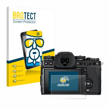 Vorderseite einer Produktverpackung mit dem Markenlogo BROTECT. Daneben ist das Gerät Fujifilm X-T3 mit dem zugehörigen Displa