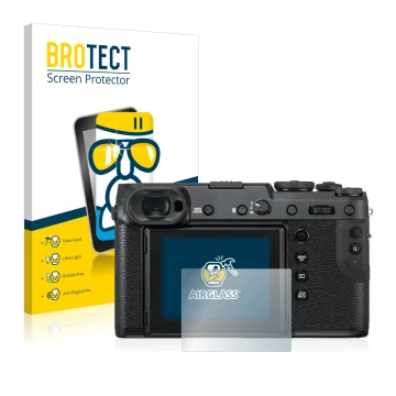 Vorderseite einer Produktverpackung mit dem Markenlogo BROTECT. Daneben ist das Gerät Fujifilm GFX 50R mit dem zugehörigen Dis