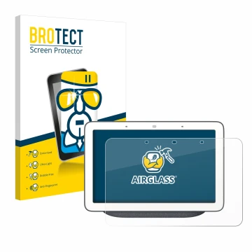 Vorderseite einer Produktverpackung mit dem Markenlogo BROTECT. Daneben ist das Gerät Google Home Hub mit dem zugehörigen Disp