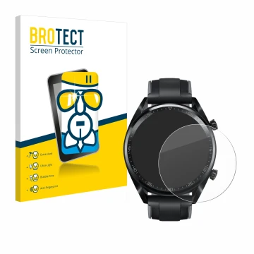 Vorderseite einer Produktverpackung mit dem Markenlogo BROTECT. Daneben ist das Gerät Huawei Watch GT (46 mm) 2018 mit dem zug