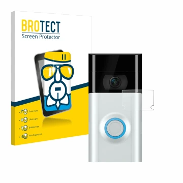 Vorderseite einer Produktverpackung mit dem Markenlogo BROTECT. Daneben ist das Gerät Ring Doorbell 2 (Linse) mit dem zugehöri