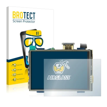 Vorderseite einer Produktverpackung mit dem Markenlogo BROTECT. Daneben ist das Gerät Raspberry Pi Touchscreen (3.5