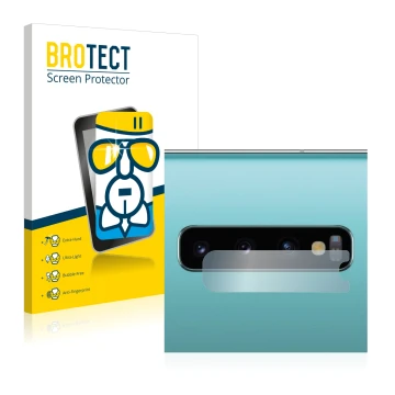 Vorderseite einer Produktverpackung mit dem Markenlogo BROTECT. Daneben ist das Gerät Samsung Galaxy S10 Plus (NUR Kameraschut