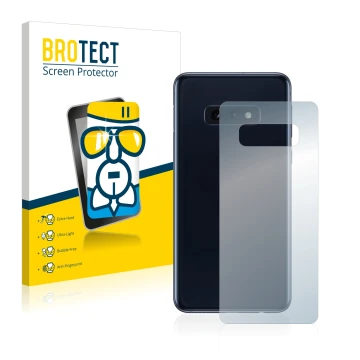 Vorderseite einer Produktverpackung mit dem Markenlogo BROTECT. Daneben ist das Gerät Samsung Galaxy S10e (Rückseite) mit dem 