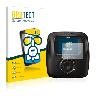 Vorderseite einer Produktverpackung mit dem Markenlogo BROTECT. Daneben ist das Gerät Fujifilm Instax Square SQ20 mit dem zuge