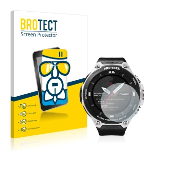 Vorderseite einer Produktverpackung mit dem Markenlogo BROTECT. Daneben ist das Gerät Casio Pro Trek Smart WSD-F20 mit dem zug