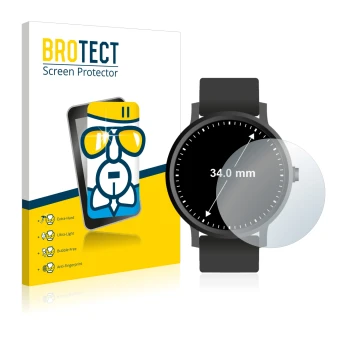 Vorderseite einer Produktverpackung mit dem Markenlogo BROTECT. Daneben ist das Gerät Kreisrunde Displays (ø: 34 mm) mit dem z
