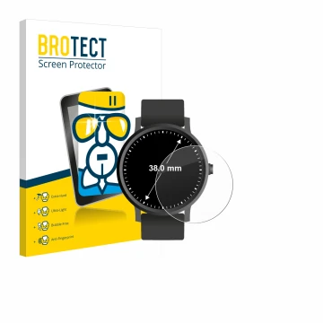 Vorderseite einer Produktverpackung mit dem Markenlogo BROTECT. Daneben ist das Gerät Kreisrunde Displays (ø: 38 mm) mit dem z