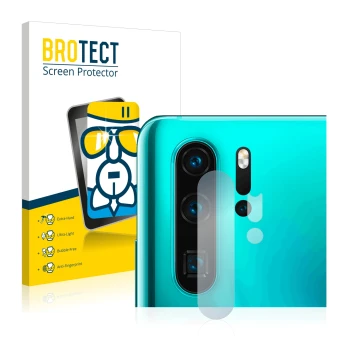 Vorderseite einer Produktverpackung mit dem Markenlogo BROTECT. Daneben ist das Gerät Huawei P30 Pro (NUR Kameraschutz) mit de